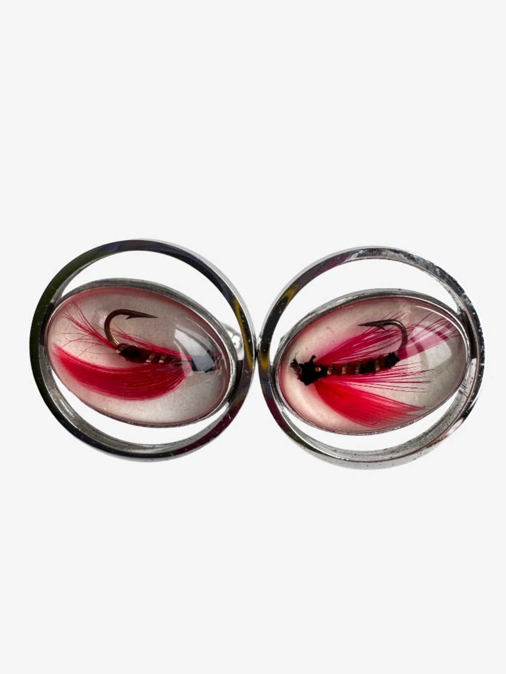 Vintage Anson Fly Fishing Lure Cufflinks Red Feather Hook Silver Tone Dome Mens